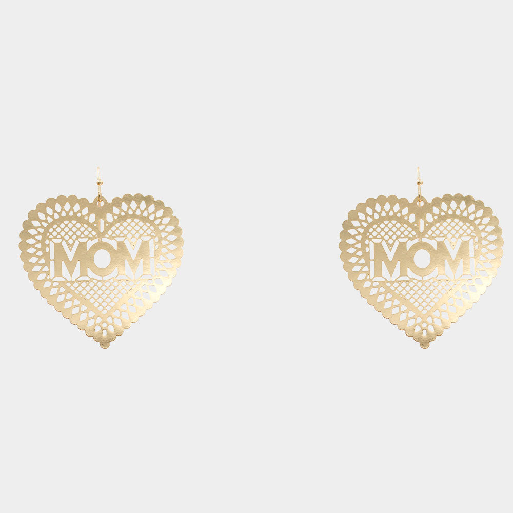 MOM Message Brass Metal Heart Dangle Earrings