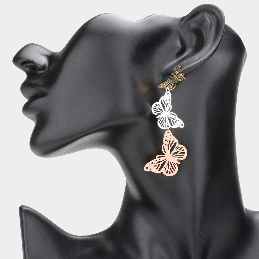iLLASPARKZ Cut Out Triple Metal Butterfly Link Dangle Earrings