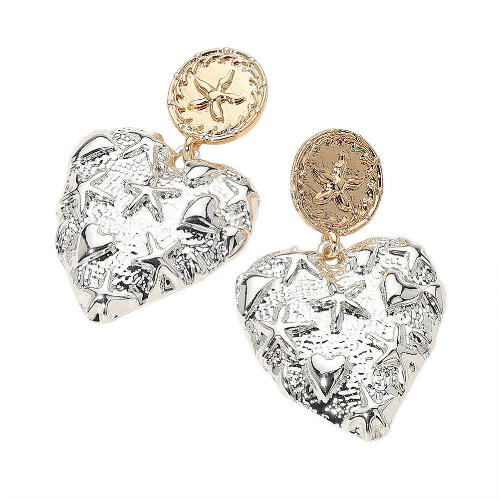 iLLASPARKZ Two Tone Textured Metal Sand Dollar Pointed Starfish Embossed Heart Dangle Earrings