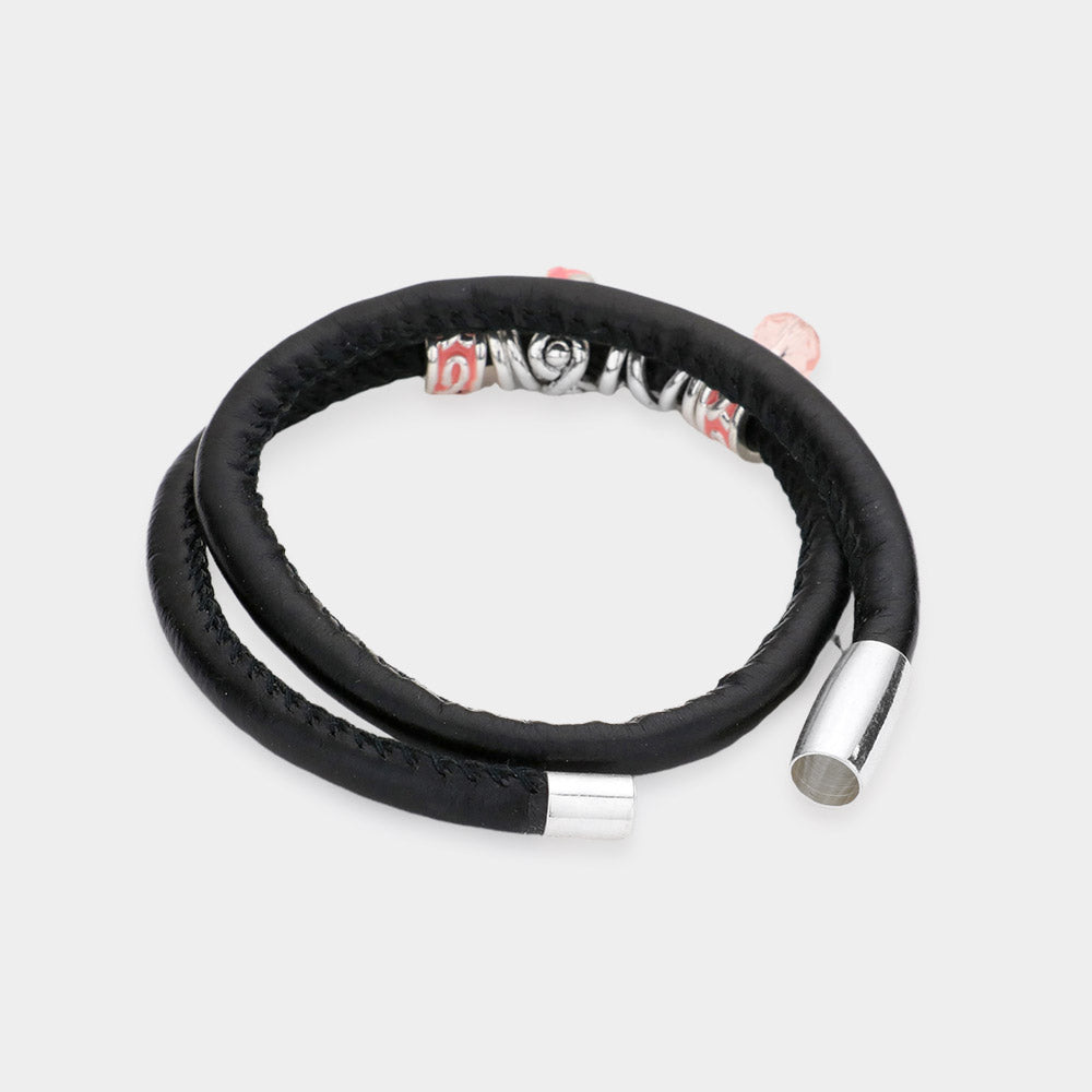 iLLASPARKZ Faux Leather Pink Ribbon Theme Charms Wrap Bracelet