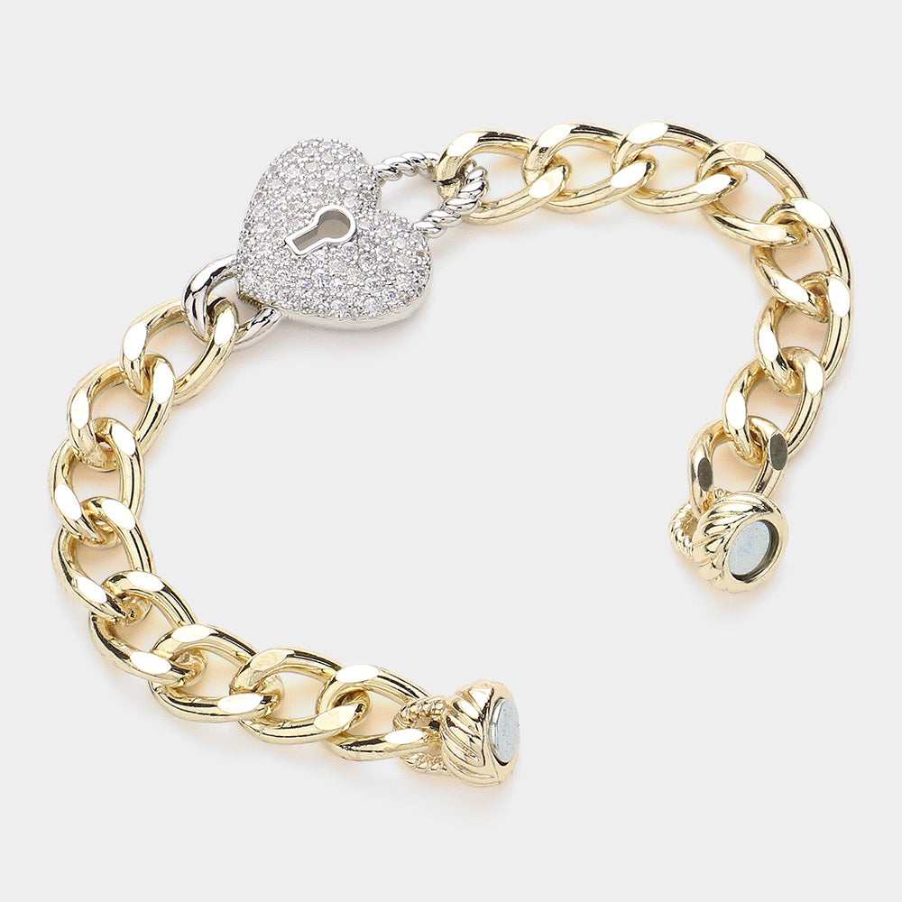 iLLASPARKZ 14K Gold Plated CZ Stone Paved Heart Lock Pointed Magnetic Bracelet