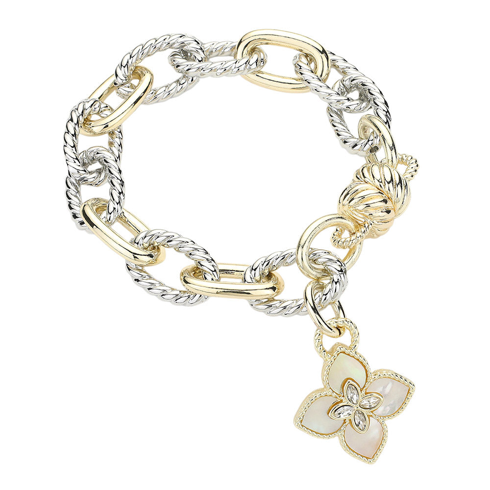 iLLASPARKZ 14K Gold Plated Mother of Pearl Clover Charm Chunky Chain Magnetic Bracelet
