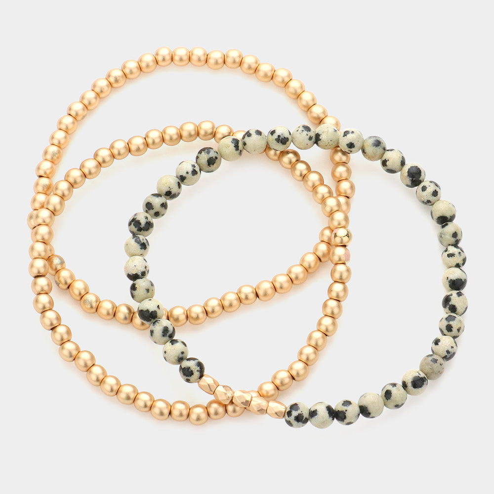iLLASPARKZ 3PCS - Natural Stone Metal Ball Beaded Stretch Bracelets
