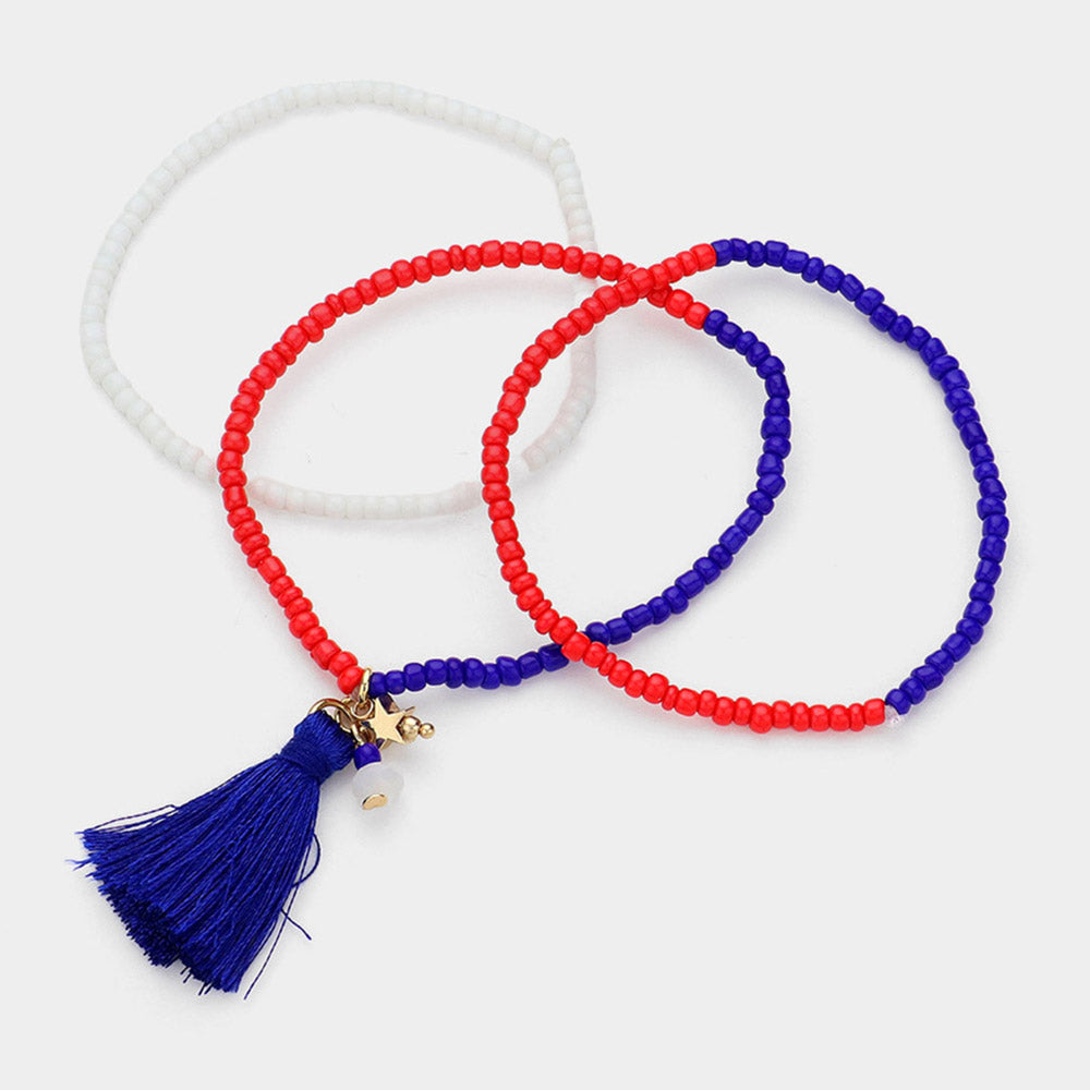 iLLASPARKZ 3PCS - American USA Flag Colored Tassel Pointed Faceted Beaded Stretch Multi Layered Bracelets