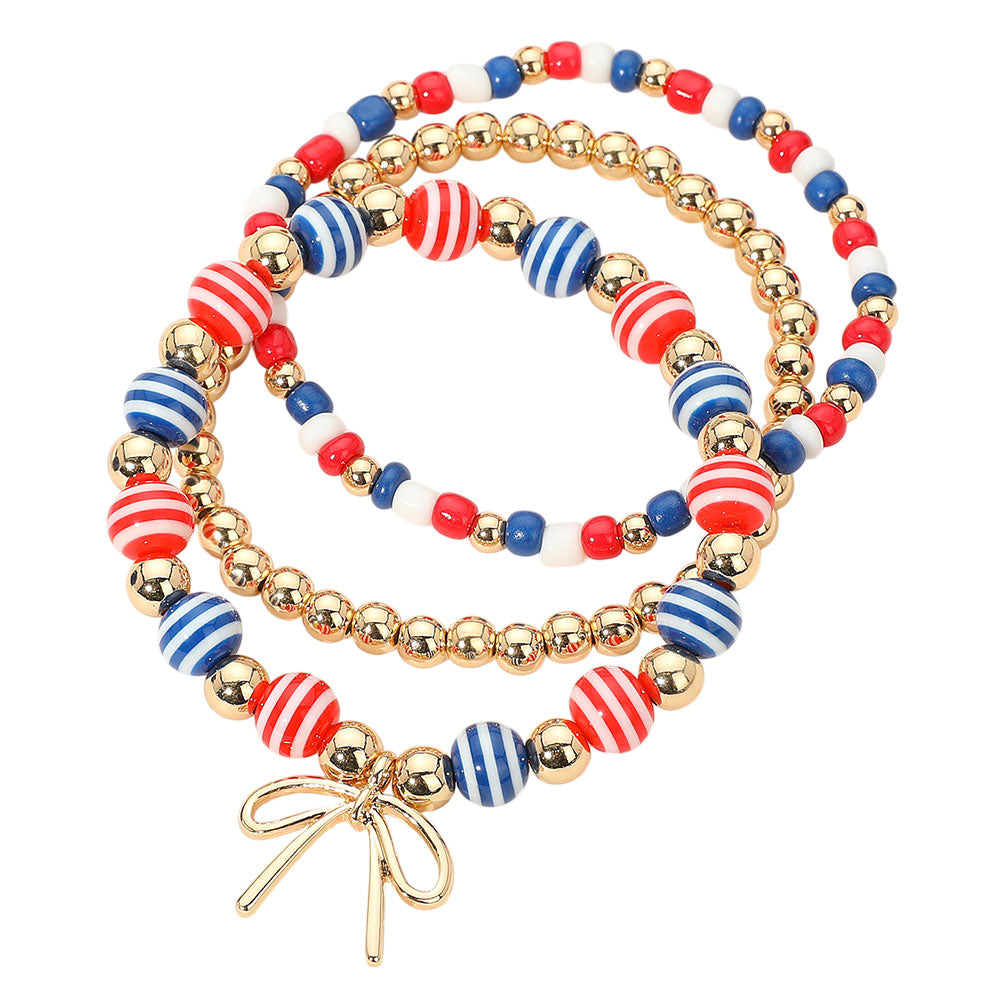 iLLASPARKZ 3PCS - Metal Wire Bow Charm Accent American USA Beaded Stretch Multi Layered Bracelets
