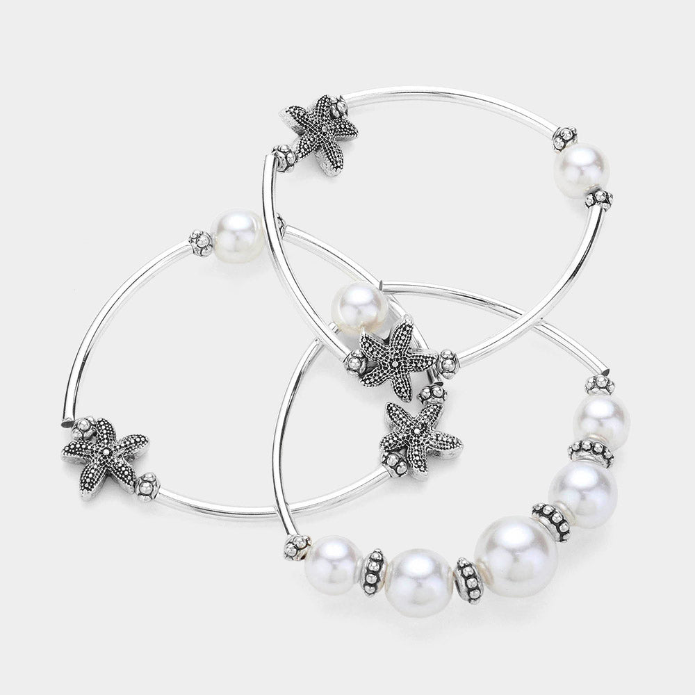 iLLASPARKZ 3PCS - Antique Silver Starfish Pointed Pearl Stretch Multi Layered Bracelets