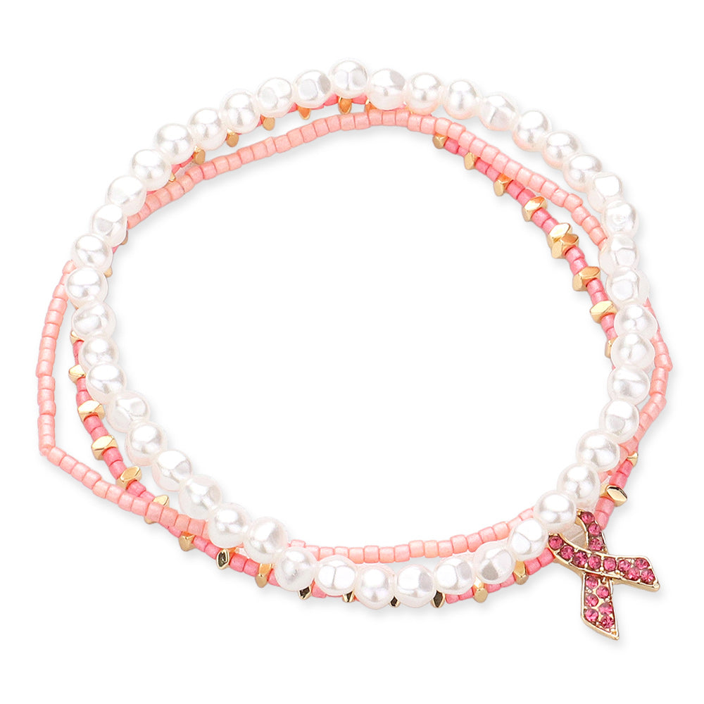 iLLASPARKZ 3PCS - Pink Ribbon Charm Pearl Beaded Stretch Bracelets