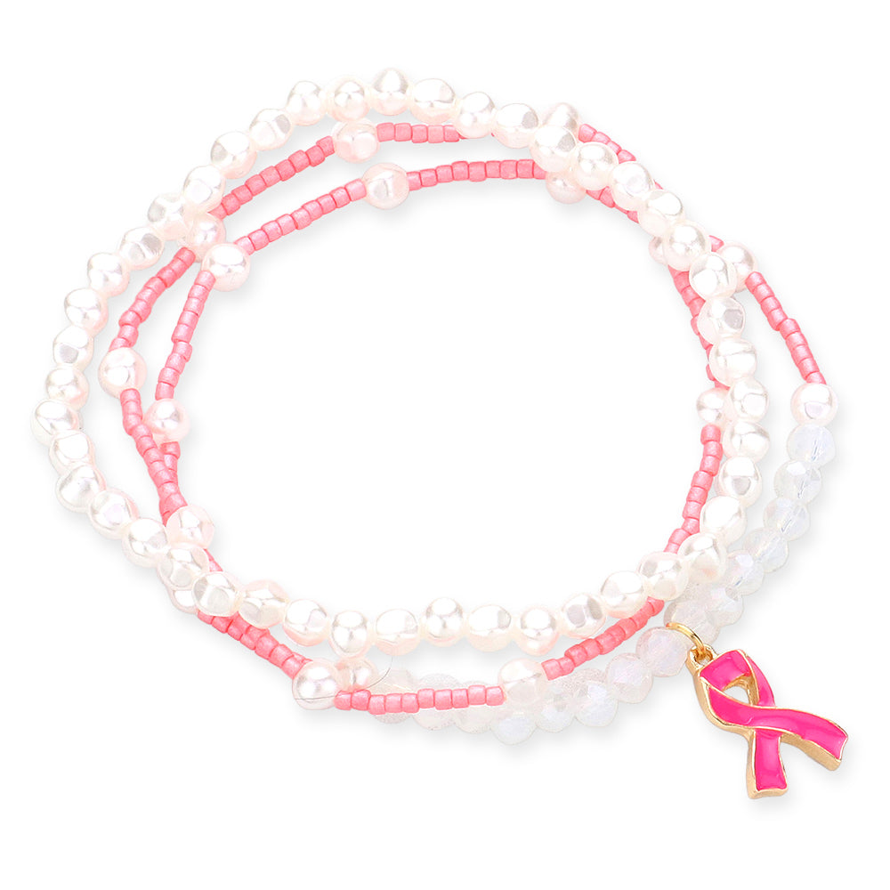 iLLASPARKZ 3PCS - Pink Ribbon Charm Pearl Beaded Stretch Bracelets