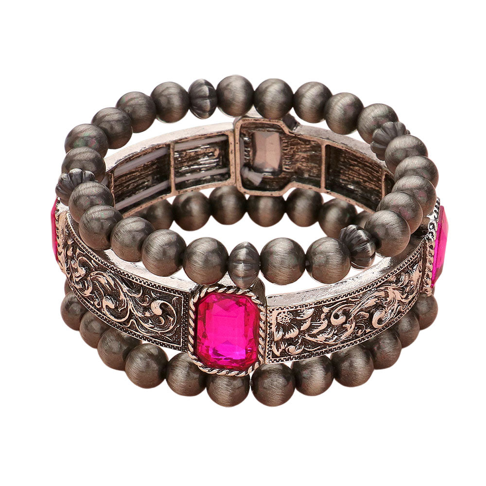 iLLASPARKZ 3PCS - Rectangle Glass Stone Pointed Western Metal Wood Ball Beaded Multi Layered Bracelets