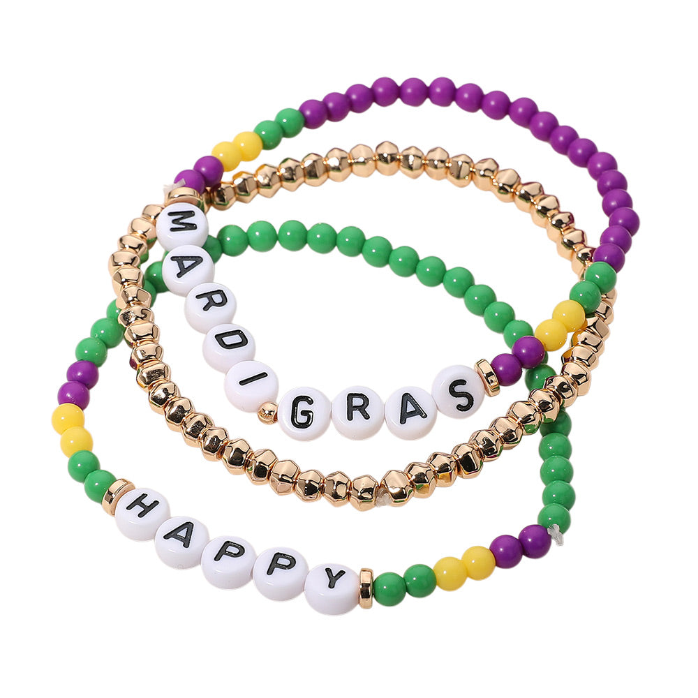 iLLASPARKZ 3PCS - HAPPY MARDI GRAS Message Beaded Stretch Multi Layered Bracelets