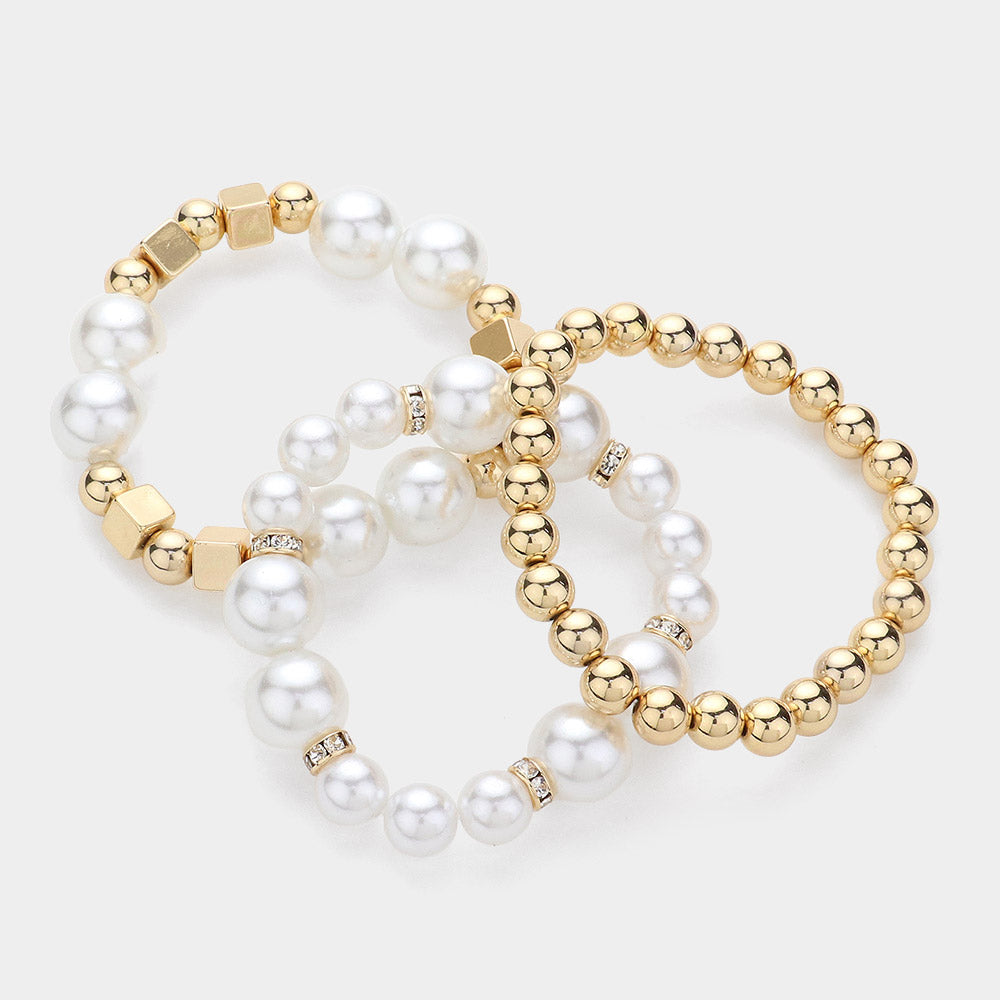 iLLASPARKZ 3PCS - Pearl Metal Ball Beaded Stretch Multi Layered Bracelets