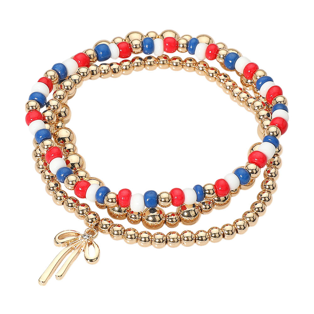 iLLASPARKZ 3PCS - Bow Charm Patriotic Beads Metal Ball Beaded Stretch Multi Layered Bracelets