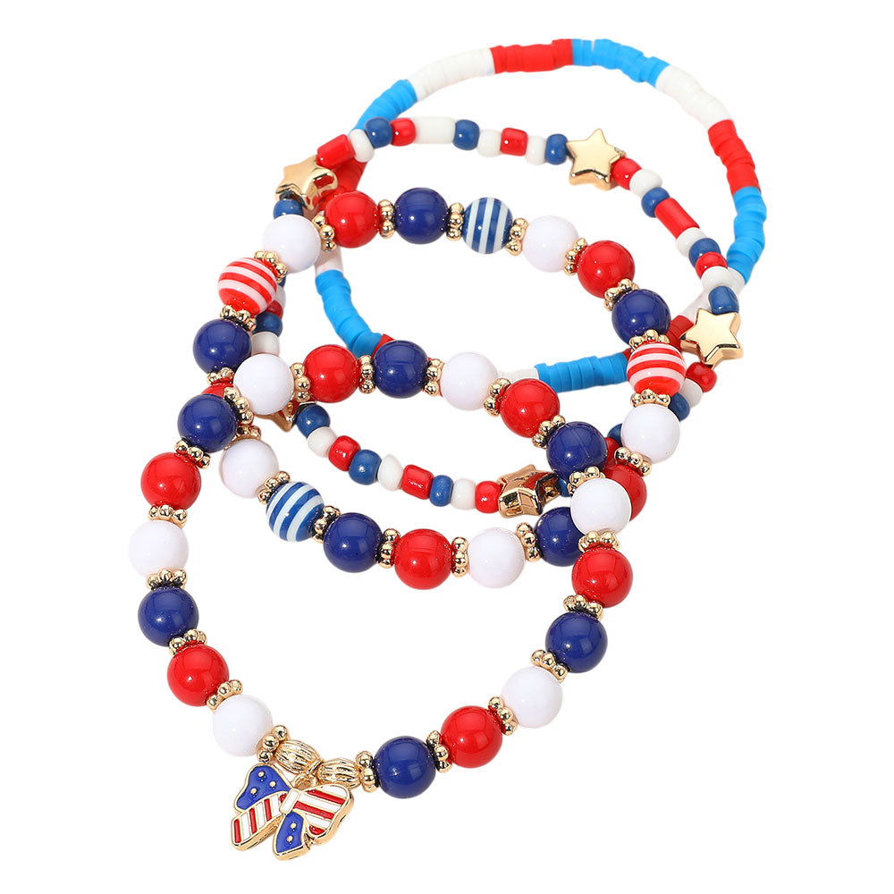 iLLASPARKZ 4PCS - Enamel American USA Flag Bow Charm Beaded Stretch Multi Layered Bracelets