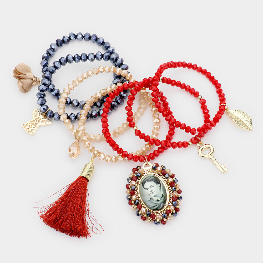 iLLASPARKZ 7pcs - Frida Kahlo Leaf Fabric Flower Key Angel Tassel Charms Stretch Bracelets