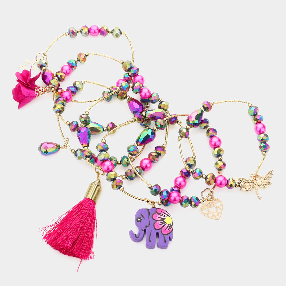 iLLASPARKZ 7PCS - Tassel Elephant Dragonfly Fabric Flower Charm Beaded Stretch Bracelets