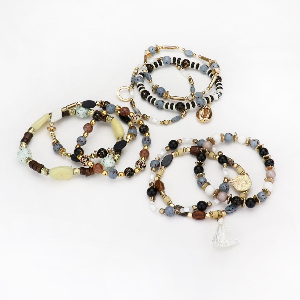 iLLASPARKZ 9PCS - Coin Puka Shell Tassel Charm Wood Multi Beaded Stretch Bracelets