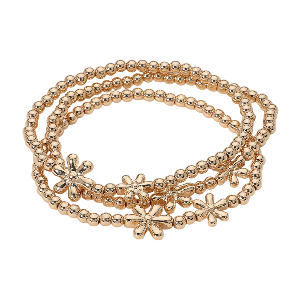iLLASPARKZ 3PCS - Metal Flower Ball Beaded Stretch Multi Layered Bracelets