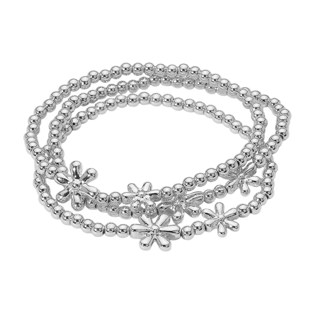 iLLASPARKZ 3PCS - Metal Flower Ball Beaded Stretch Multi Layered Bracelets