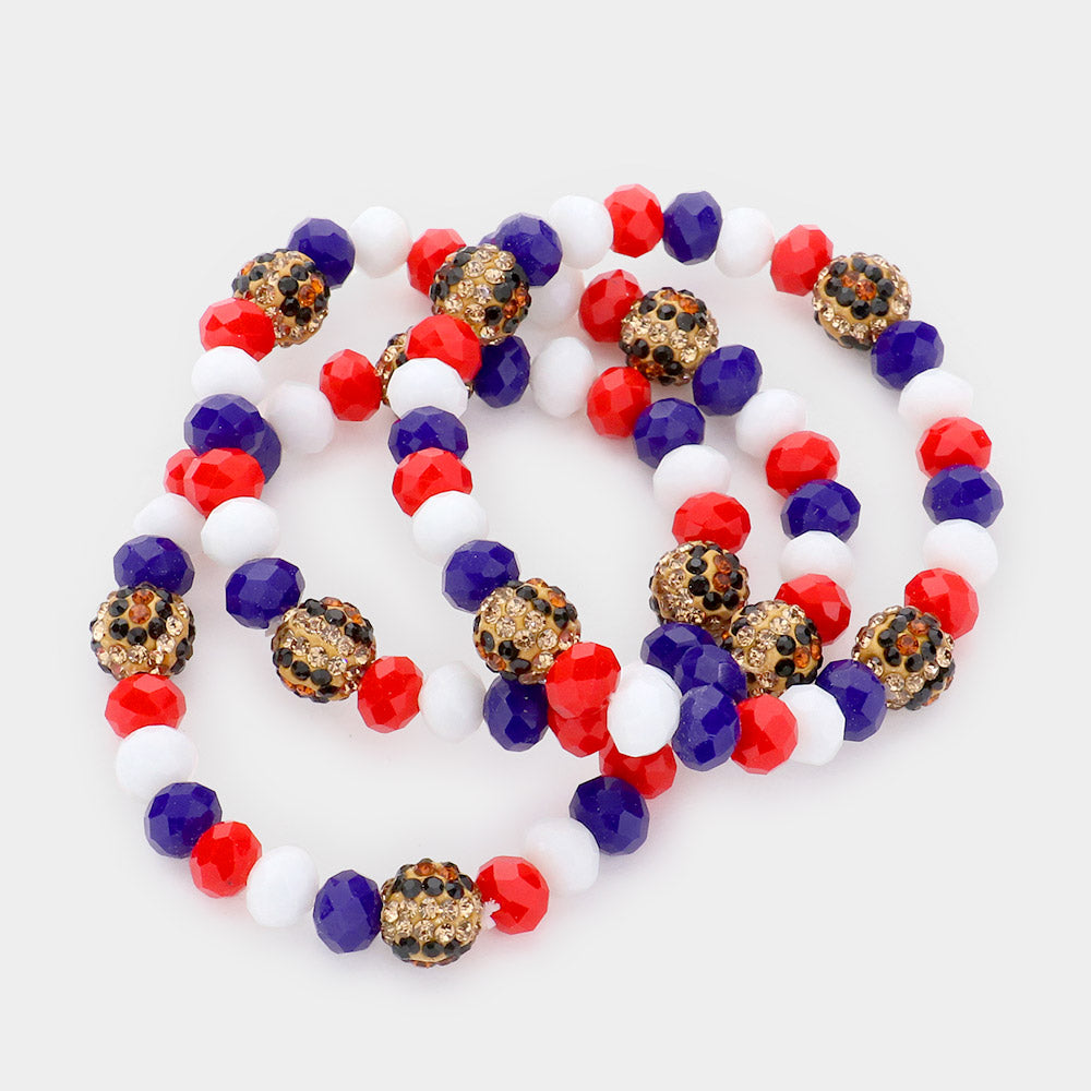 iLLASPARKZ 3PCS - Leopard Pattern American USA Flag Shamballa Ball Faceted Bead Stretch Bracelets