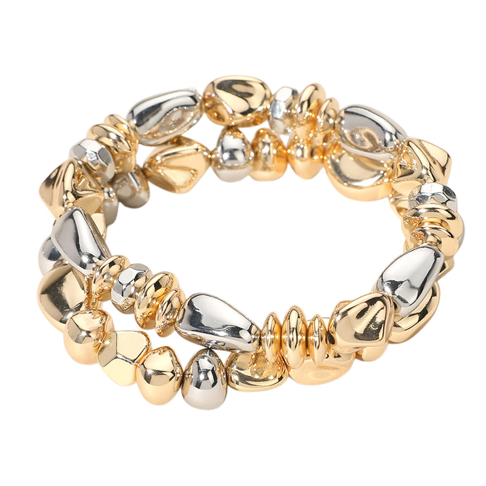 iLLASPARKZ 2PCS - Metal Pebble Beaded Stretch Multi Layered Bracelets