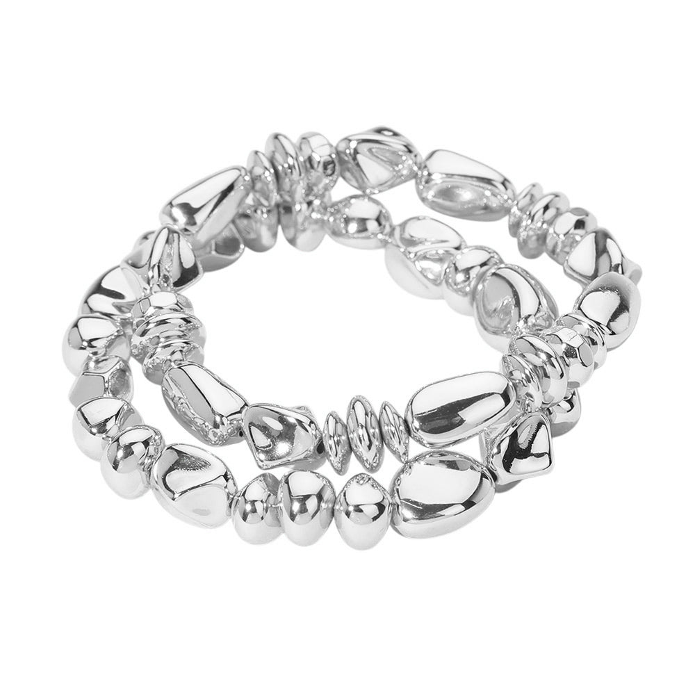 iLLASPARKZ 2PCS - Metal Pebble Beaded Stretch Multi Layered Bracelets