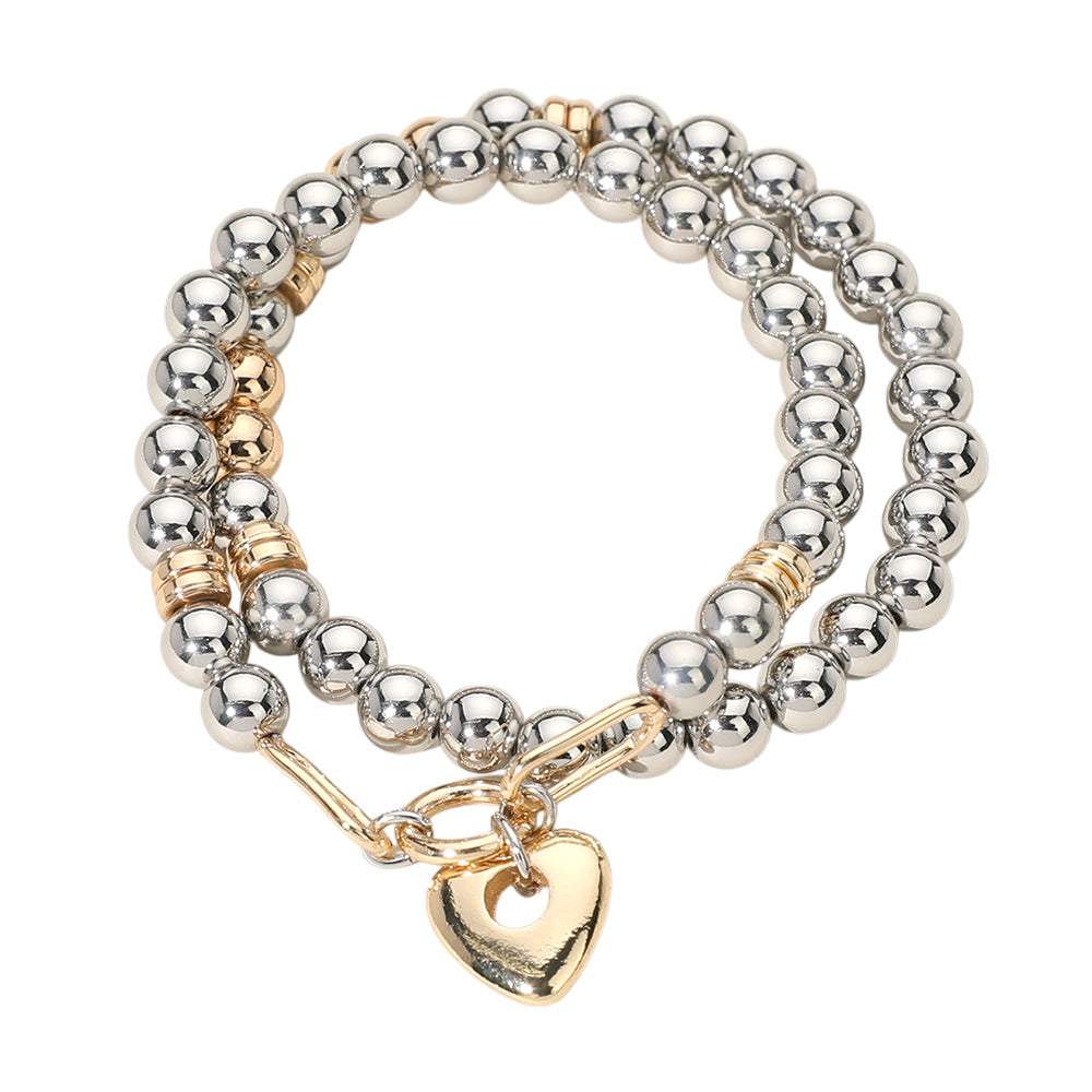 iLLASPARKZ 2PCS - Metal Heart Charm Pointed Ball Beaded Stretch Multi Layered Bracelets