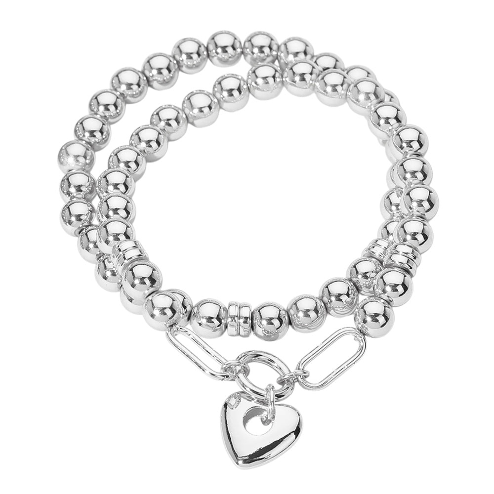 iLLASPARKZ 2PCS - Metal Heart Charm Pointed Ball Beaded Stretch Multi Layered Bracelets