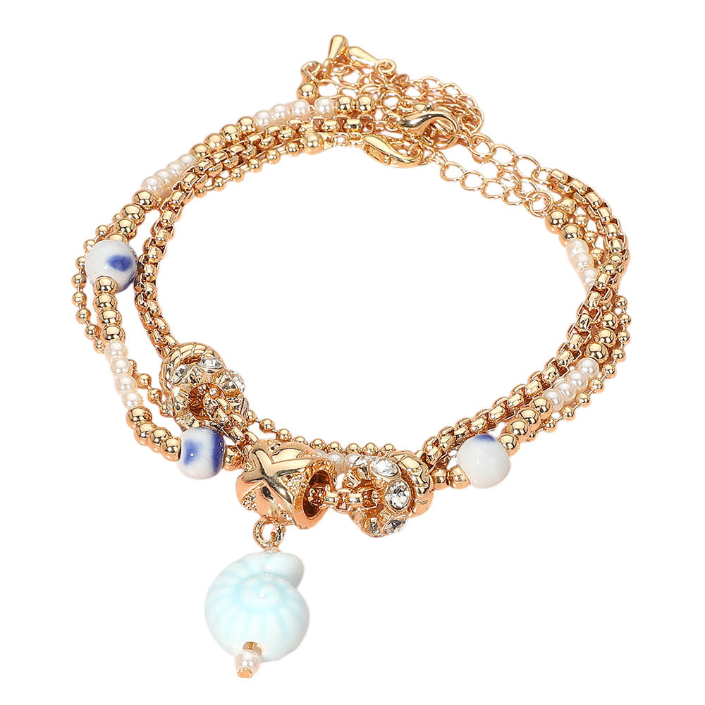 iLLASPARKZ 3PCS - Nautical Ceramic Shell Charm Accent Pearl Crystal Metal Beaded Multi Layered Bracelets