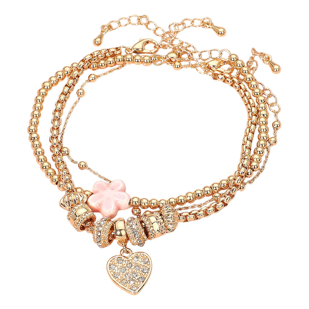 iLLASPARKZ 3PCS - Stone Paved Heart Ceramic Flower Charm Accent Beaded Multi Layered Bracelets