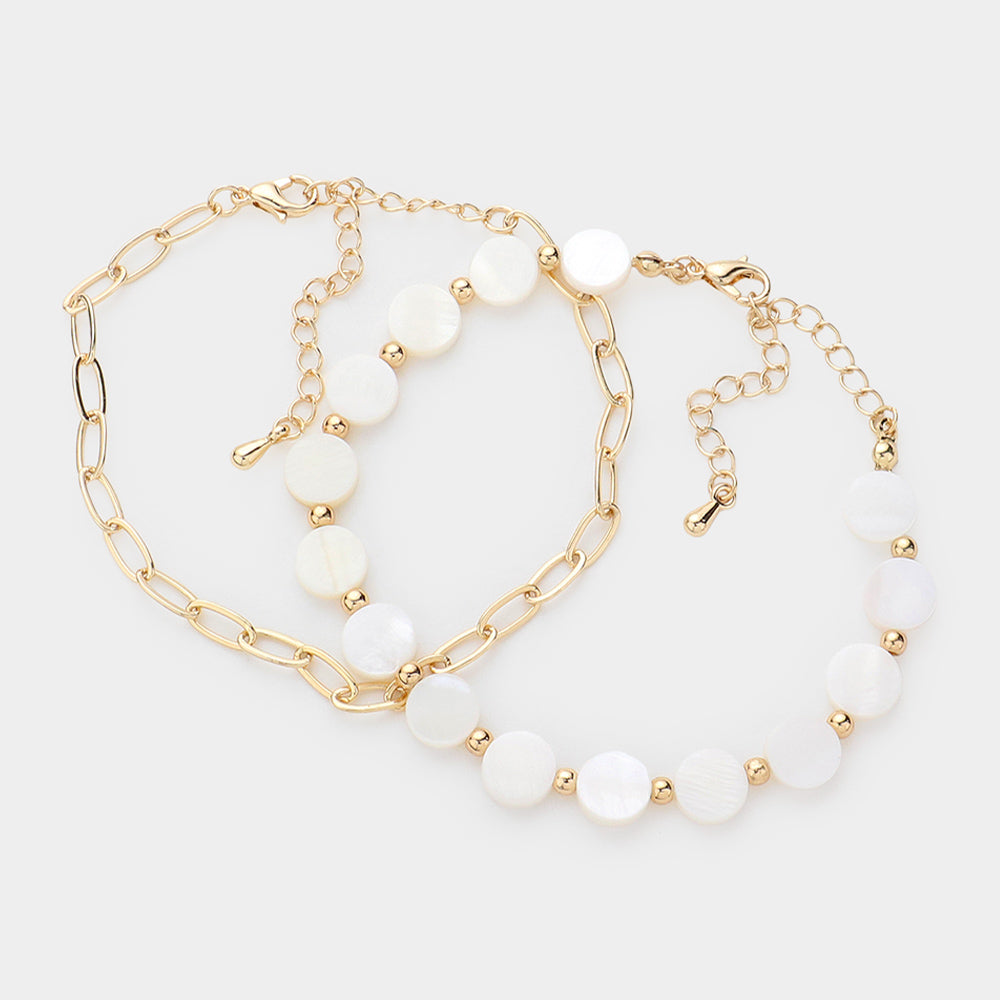 iLLASPARKZ Mother Of Pearl Disc Station Paperclip Metal Chain Layered Bracelet