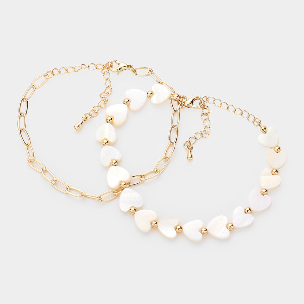 iLLASPARKZ Mother Of Pearl Heart Station Paper Clip Metal Chain Layered Bracelet
