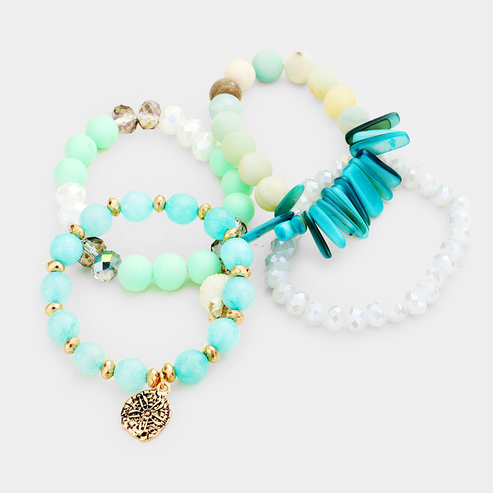 iLLASPARKZ 4PCS - Semi Precious Stone Sand Dollar Bead Stretch Bracelets