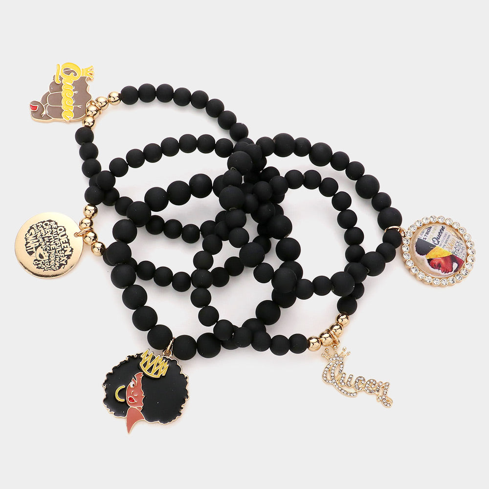 iLLASPARKZ 5PCS - Queen Message Afro Girl Charm Beaded Stretch Bracelets