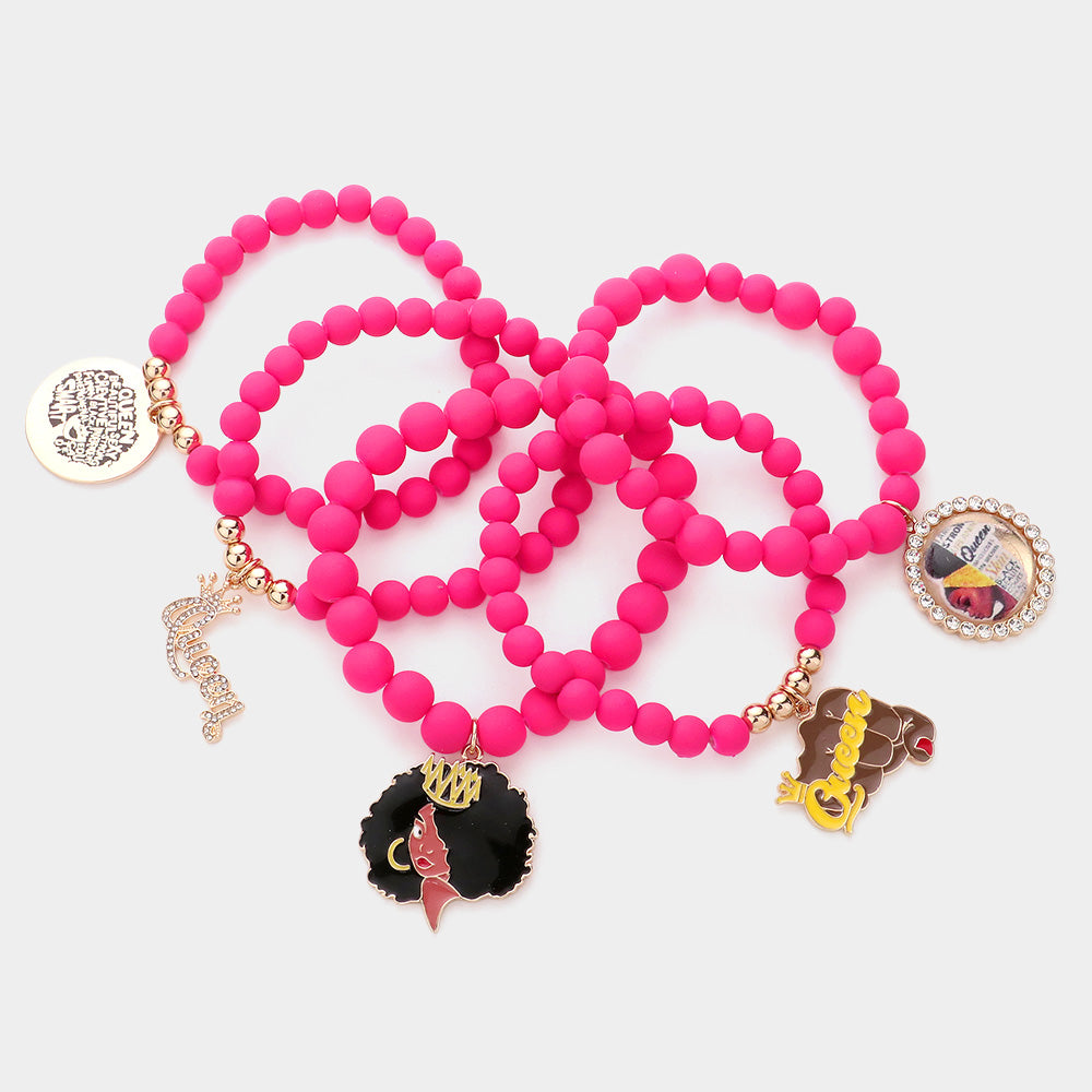 iLLASPARKZ 5PCS - Queen Message Afro Girl Charm Beaded Stretch Bracelets
