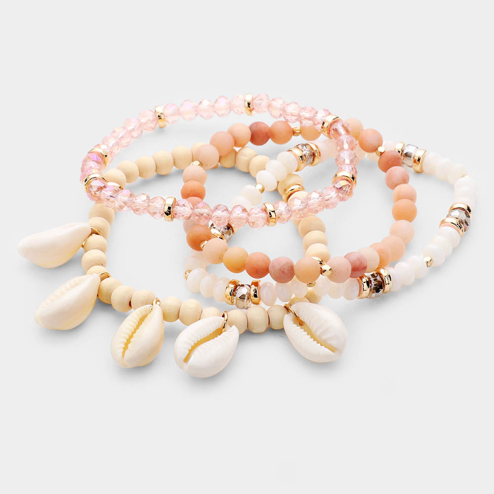 iLLASPARKZ 4PCS - Puka Shell Semi Precious Wood Ball Stretch Layered Bracelets