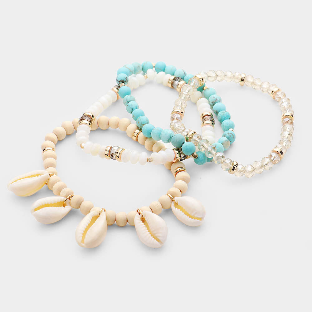 iLLASPARKZ 4PCS - Puka Shell Semi Precious Wood Ball Stretch Layered Bracelets