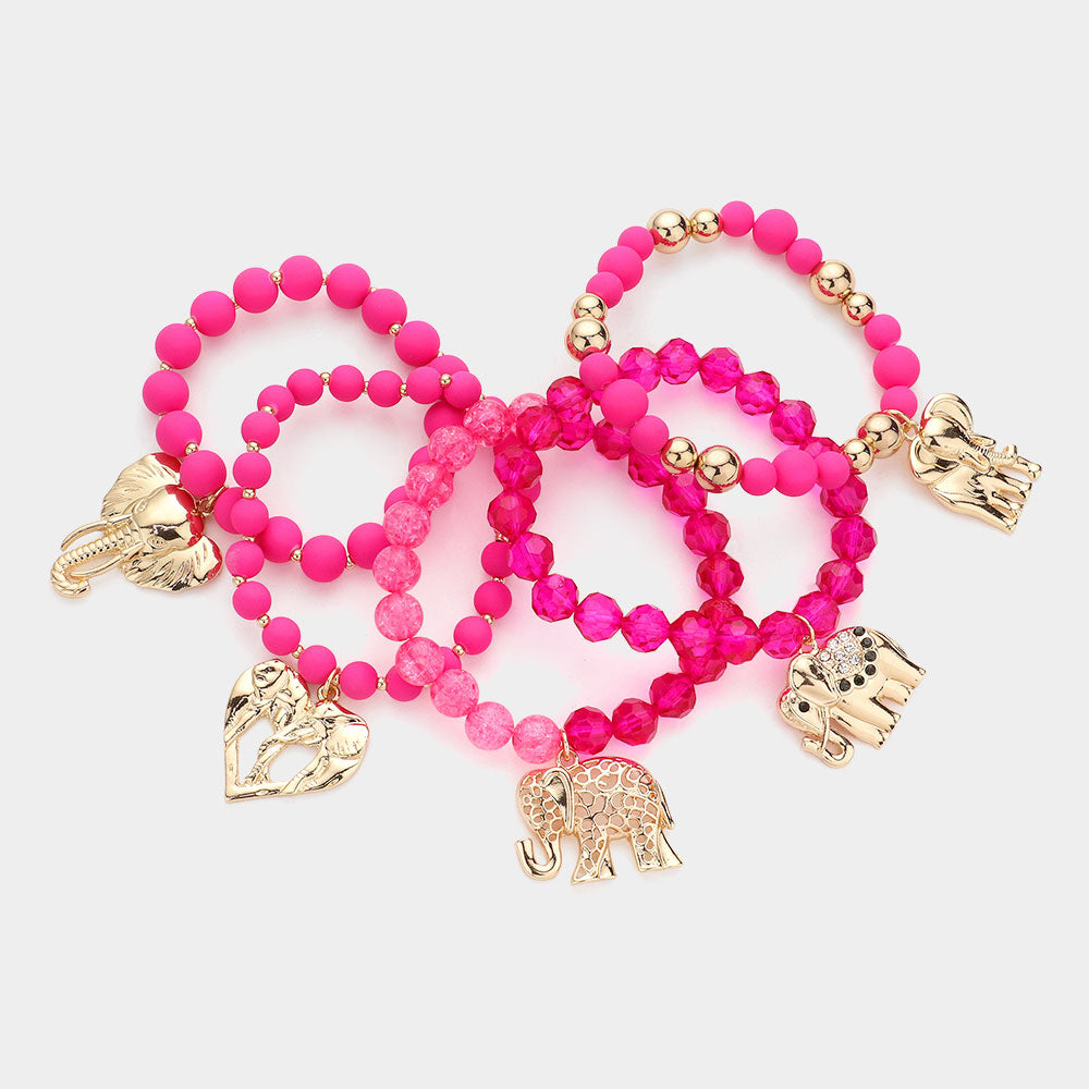 iLLASPARKZ 5PCS - Metal Elephant Charm Faceted Beaded Stretch Bracelets