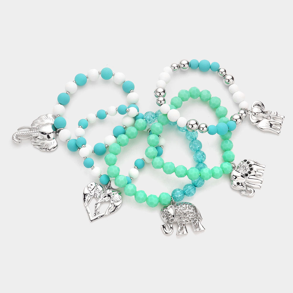 iLLASPARKZ 5PCS - Metal Elephant Charm Faceted Beaded Stretch Bracelets