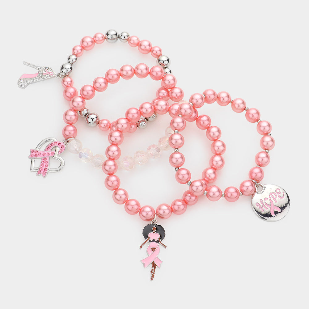 iLLASPARKZ 4PCS - Pink Ribbon Stiletto Heel Hope Message Afro Girl Charm Pearl Stretch Bracelets