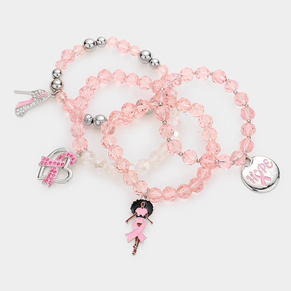 iLLASPARKZ 4PCS - Pink Ribbon Stiletto Heel Hope Message Afro Girl Charm Faceted Beaded Stretch Bracelets