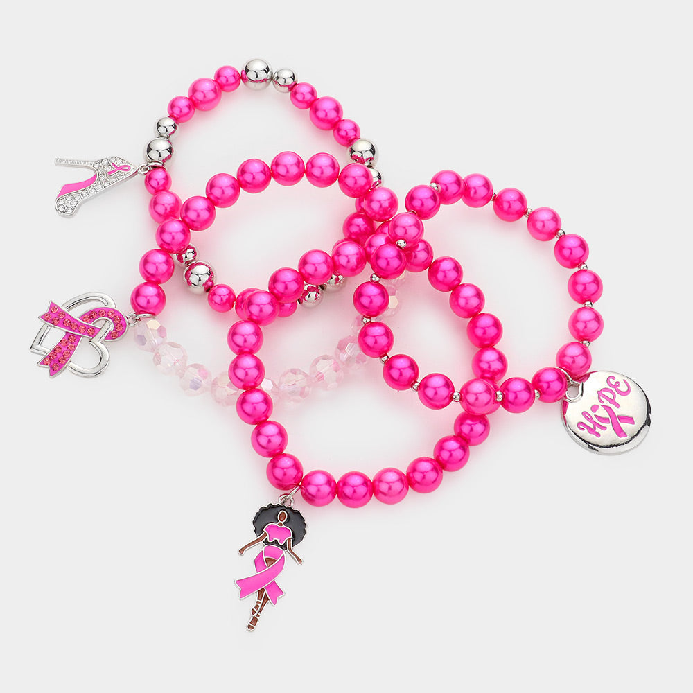 iLLASPARKZ 4PCS - Pink Ribbon Stiletto Heel Hope Message Afro Girl Charm Pearl Stretch Bracelets