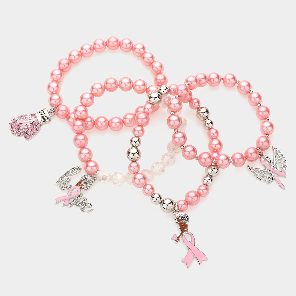 iLLASPARKZ 4PCS - Pink Ribbon Pointed Glove Afro Girl Angel Wing Hope Message Afro Girl Charm Pearl Stretch Bracelets