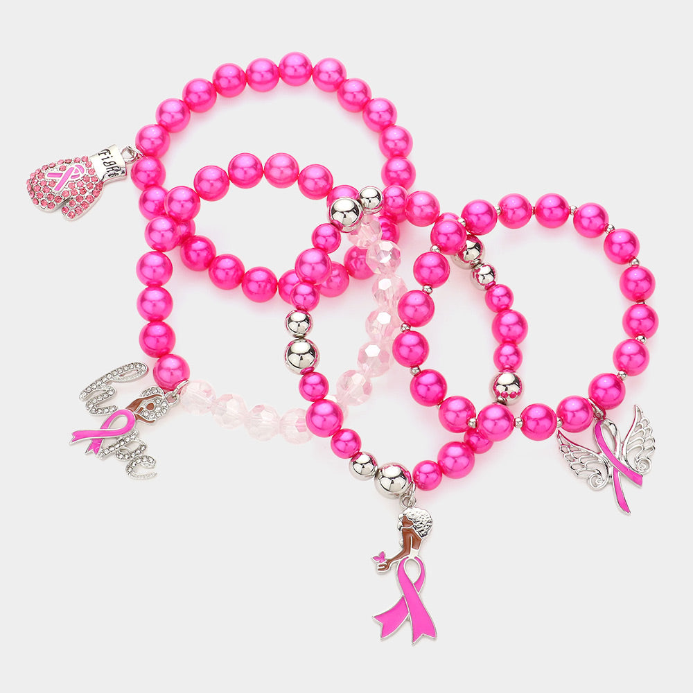 iLLASPARKZ 4PCS - Pink Ribbon Pointed Glove Afro Girl Angel Wing Hope Message Afro Girl Charm Pearl Stretch Bracelets