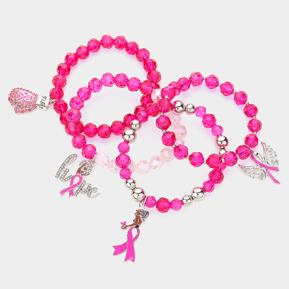 iLLASPARKZ 4PCS - Pink Ribbon Pointed Glove Afro Girl Angel Wing Hope Message Afro Girl Charm Faceted Beaded Stretch Bracelets