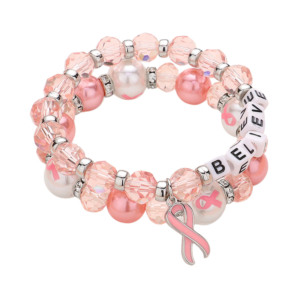 iLLASPARKZ 2PCS - BELIEVE Message Pointed Pink Ribbon Charm Faceted Beaded Stretch Double Layered Bracelets