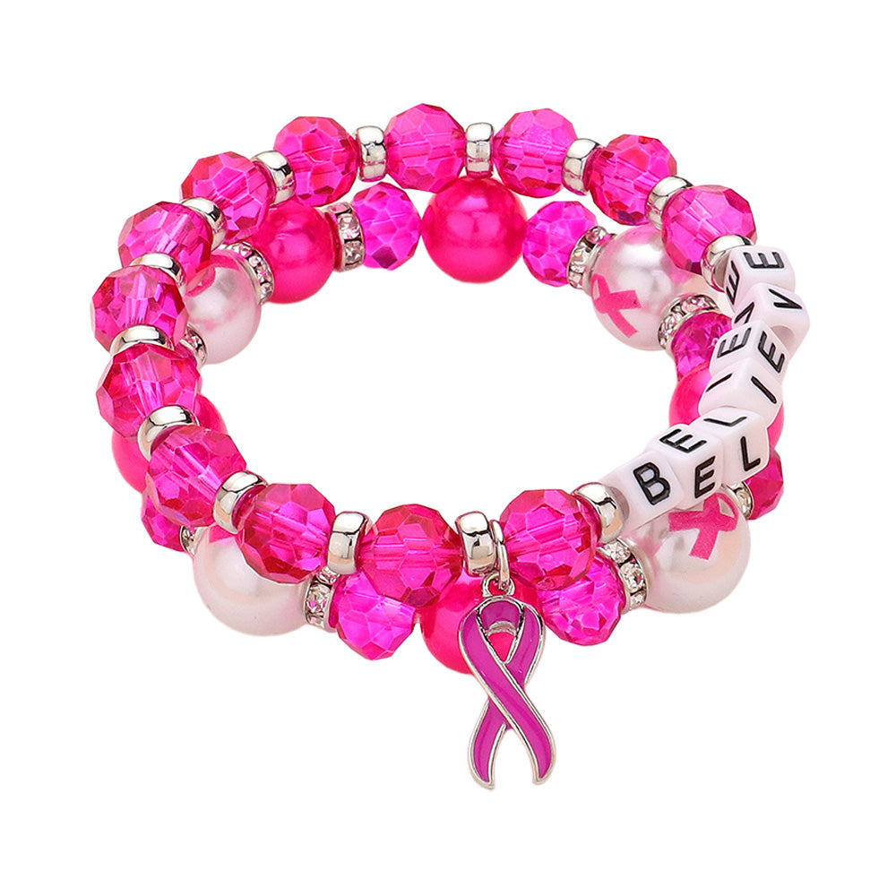 iLLASPARKZ 2PCS - BELIEVE Message Pointed Pink Ribbon Charm Faceted Beaded Stretch Double Layered Bracelets