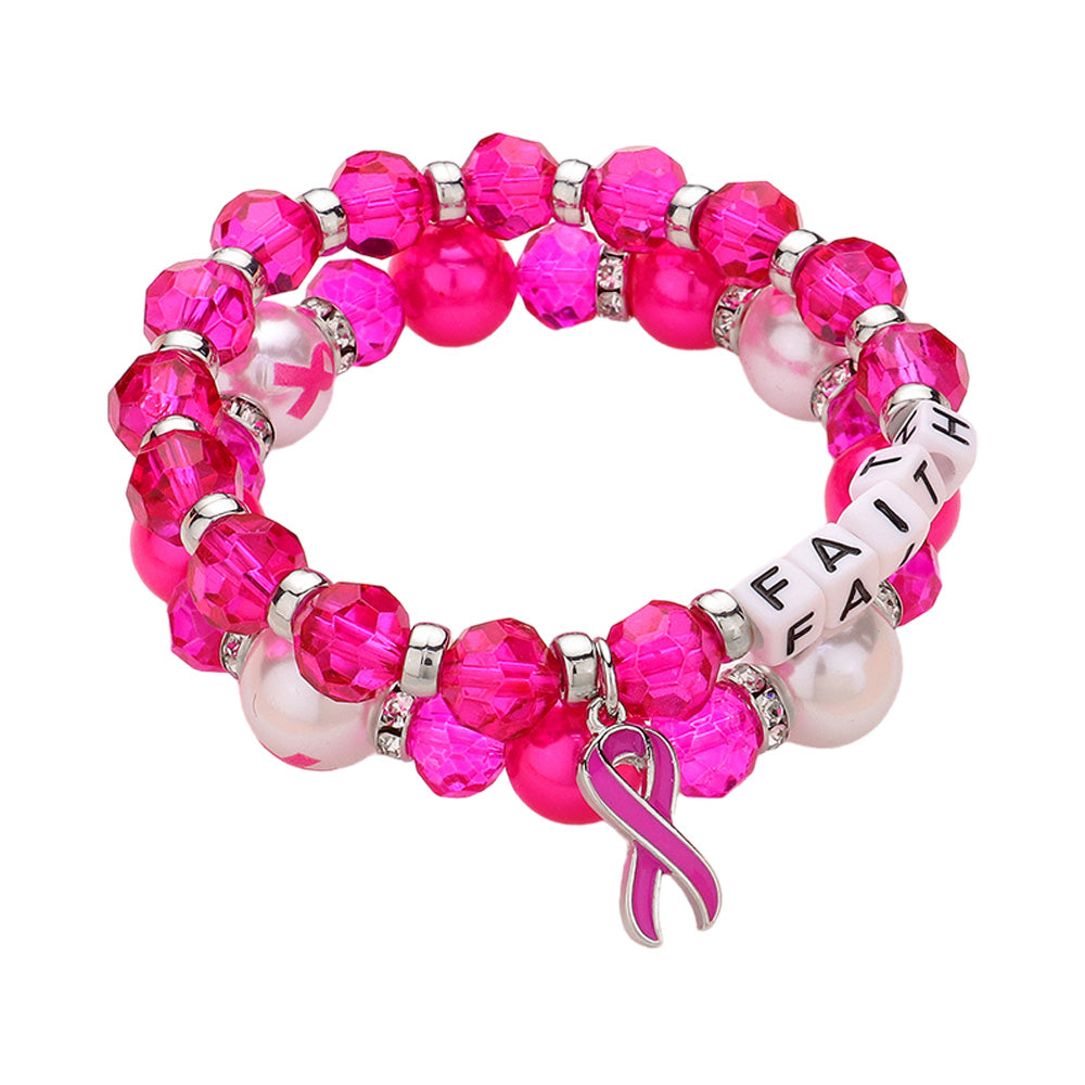 iLLASPARKZ 2PCS - FAITH Message Pointed Pink Ribbon Charm Faceted Beaded Stretch Double Layered Bracelets