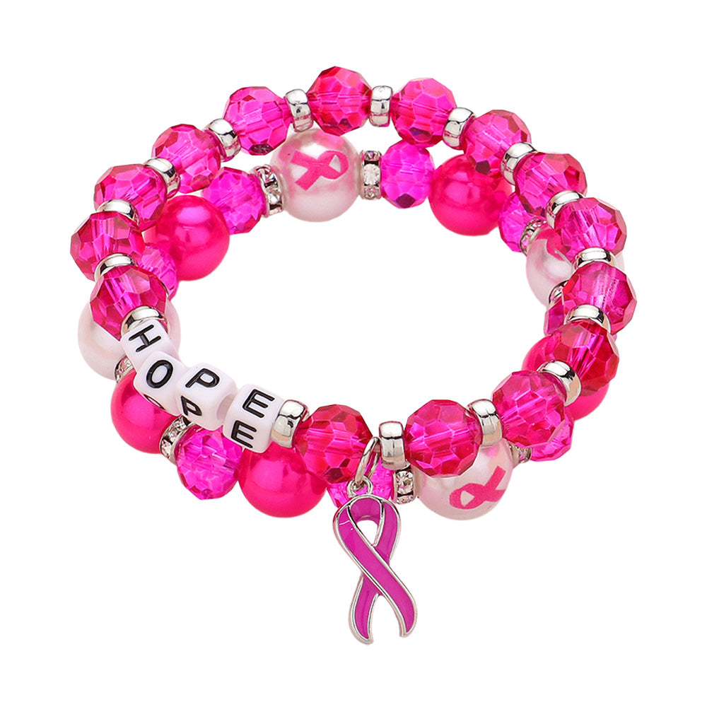 iLLASPARKZ 2PCS - HOPE Message Pointed Pink Ribbon Charm Faceted Beaded Stretch Double Layered Bracelets