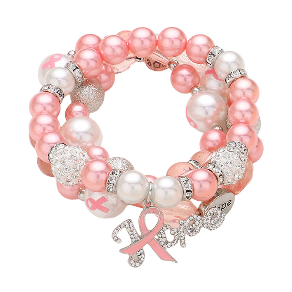 iLLASPARKZ 3PCS - Stone Paved Pink Ribbon HOPE Message Charm Shamballa Ball Pointed Pearl Beaded Stretch Multi Layered Bracelets