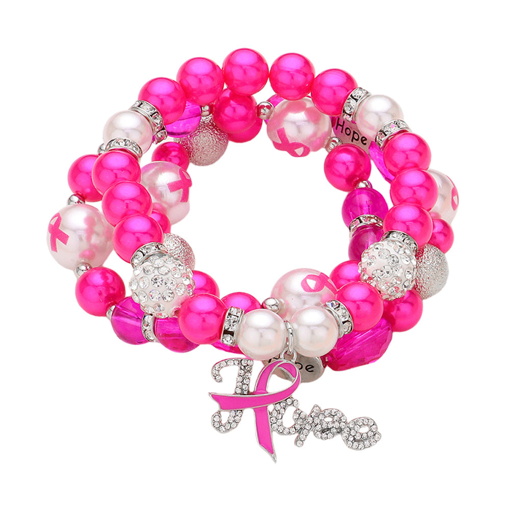 iLLASPARKZ 3PCS - Stone Paved Pink Ribbon HOPE Message Charm Shamballa Ball Pointed Pearl Beaded Stretch Multi Layered Bracelets